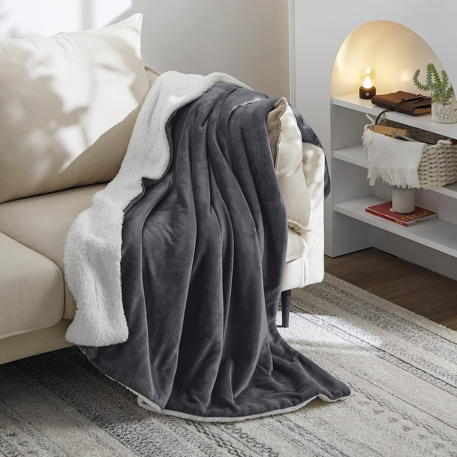 Grey Sherpa Throw Blanket Oxford Homeware