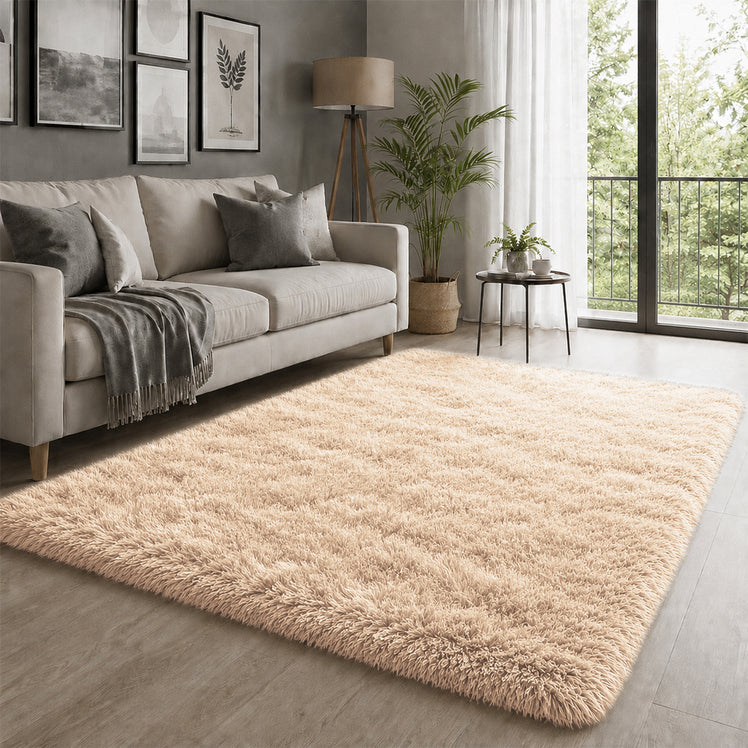 Beige Shaggy Rug Faux Fur Anti Slip Soft Fluffy