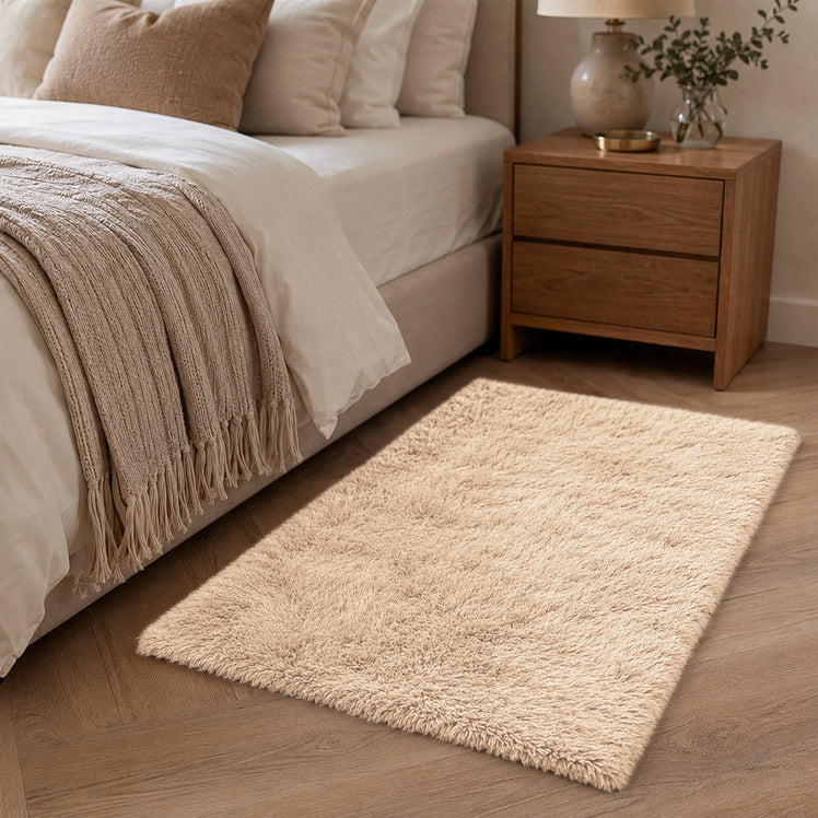 Beige Shaggy Rug Faux Fur Anti Slip Soft Fluffy