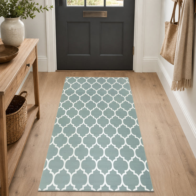 Non-Slip Geometric Lattice Area Rug Dusty Blue & White