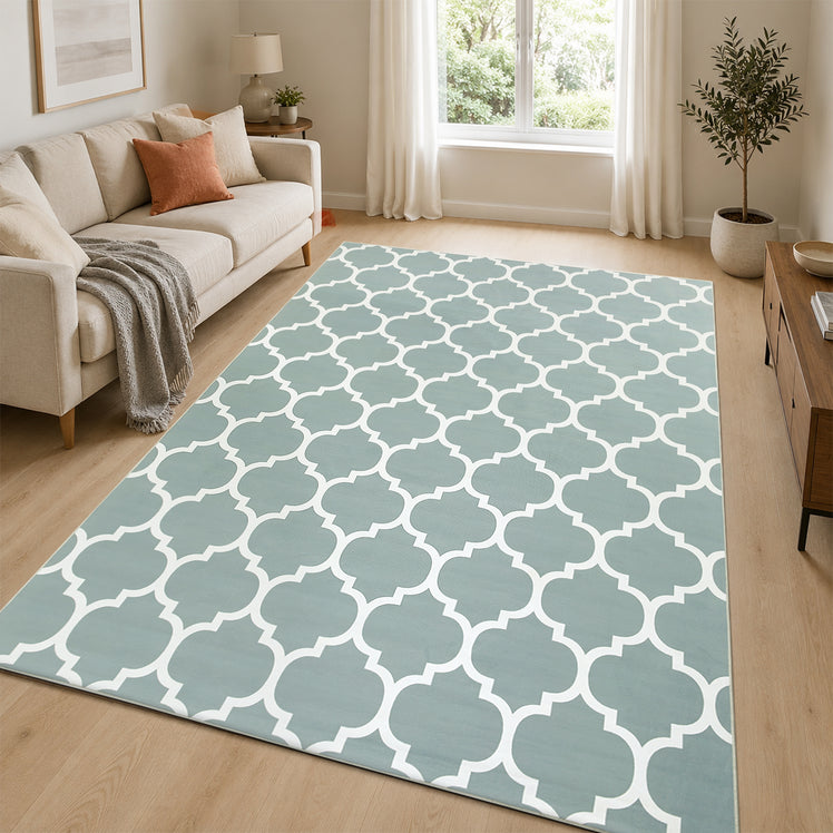 Non-Slip Geometric Lattice Area Rug Dusty Blue & White
