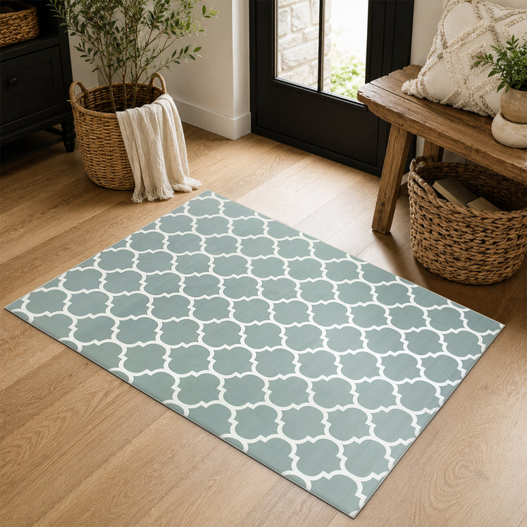 Non-Slip Geometric Lattice Area Rug Dusty Blue & White