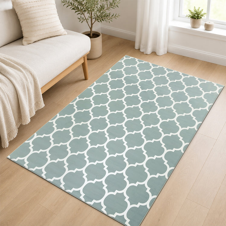 Non-Slip Geometric Lattice Area Rug Dusty Blue & White