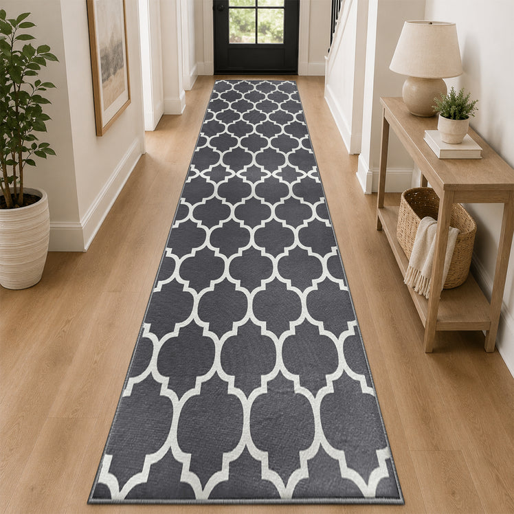 Non-Slip Geometric Lattice Printed Area Rug Grey & White