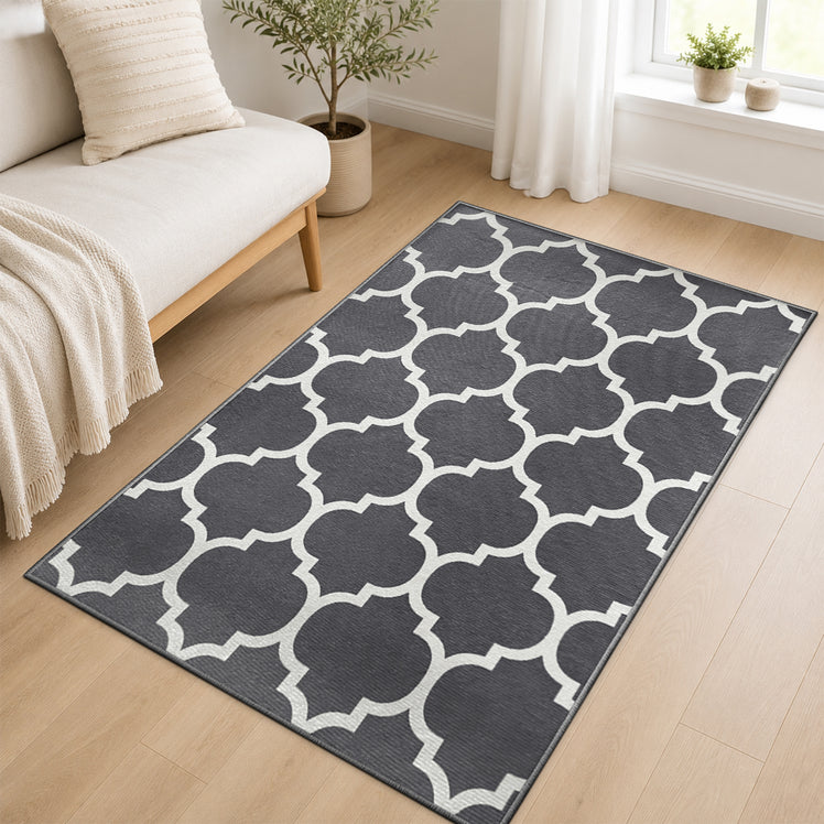 Non-Slip Geometric Lattice Printed Area Rug Grey & White