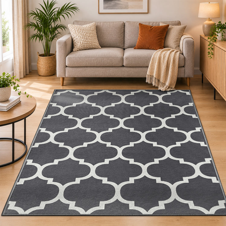 Non-Slip Geometric Lattice Printed Area Rug Grey & White