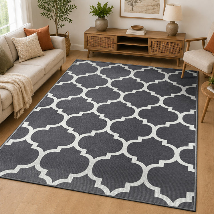 Non-Slip Geometric Lattice Printed Area Rug Grey & White