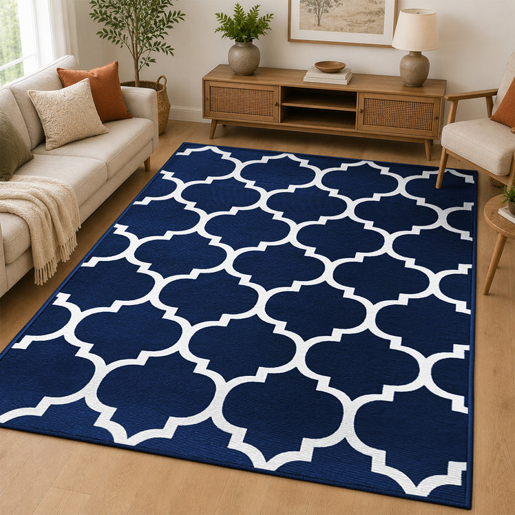 Non-Slip Geometric Lattice Printed Area Rug Navy & White