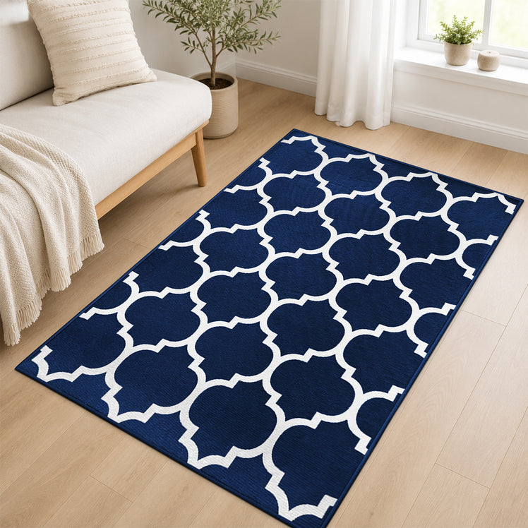 Non-Slip Geometric Lattice Printed Area Rug Navy & White