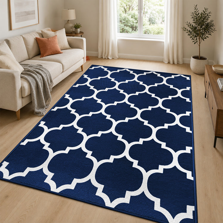 Non-Slip Geometric Lattice Printed Area Rug Navy & White