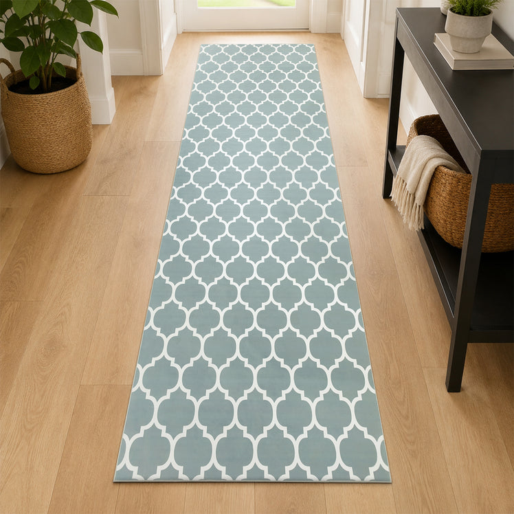 Non-Slip Geometric Lattice Area Rug Dusty Blue & White