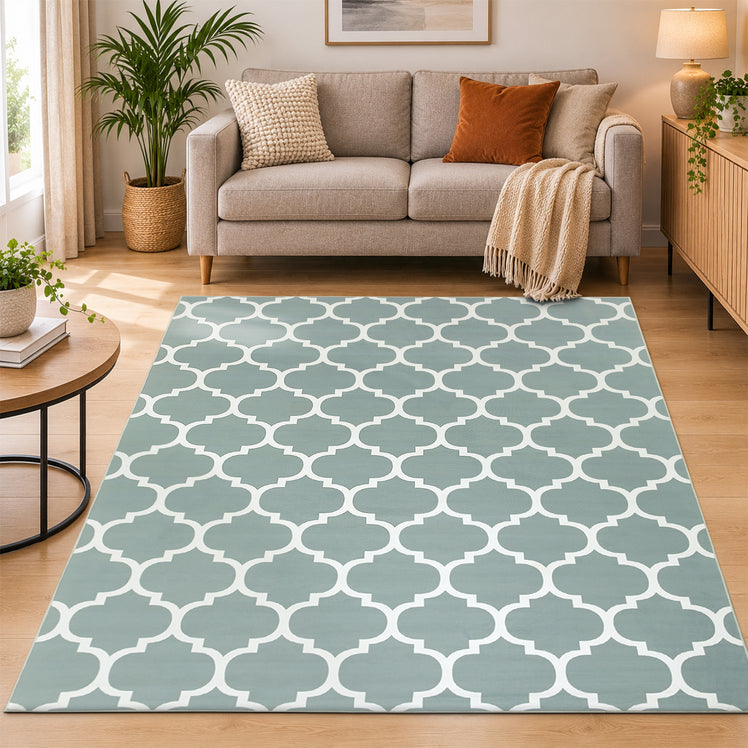 Non-Slip Geometric Lattice Area Rug Dusty Blue & White