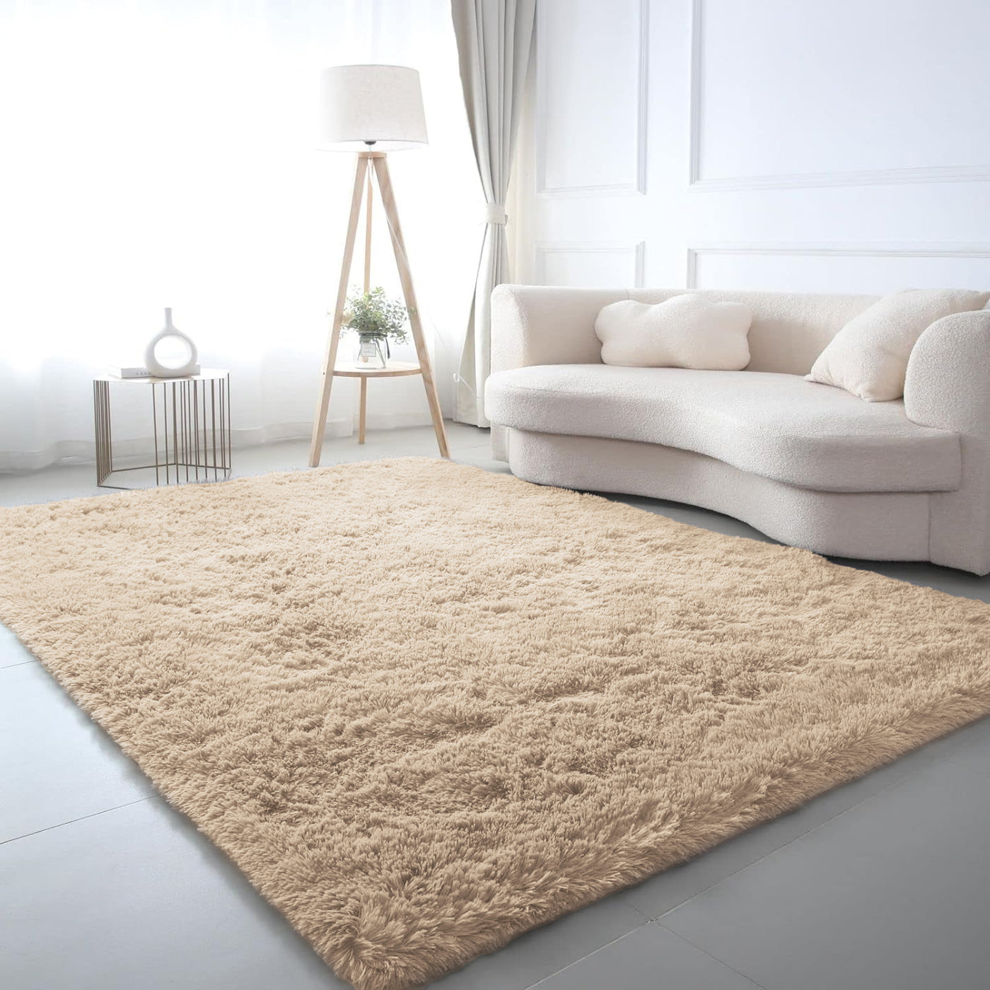 Beige Shaggy Rug Faux Fur Anti Slip Soft Fluffy