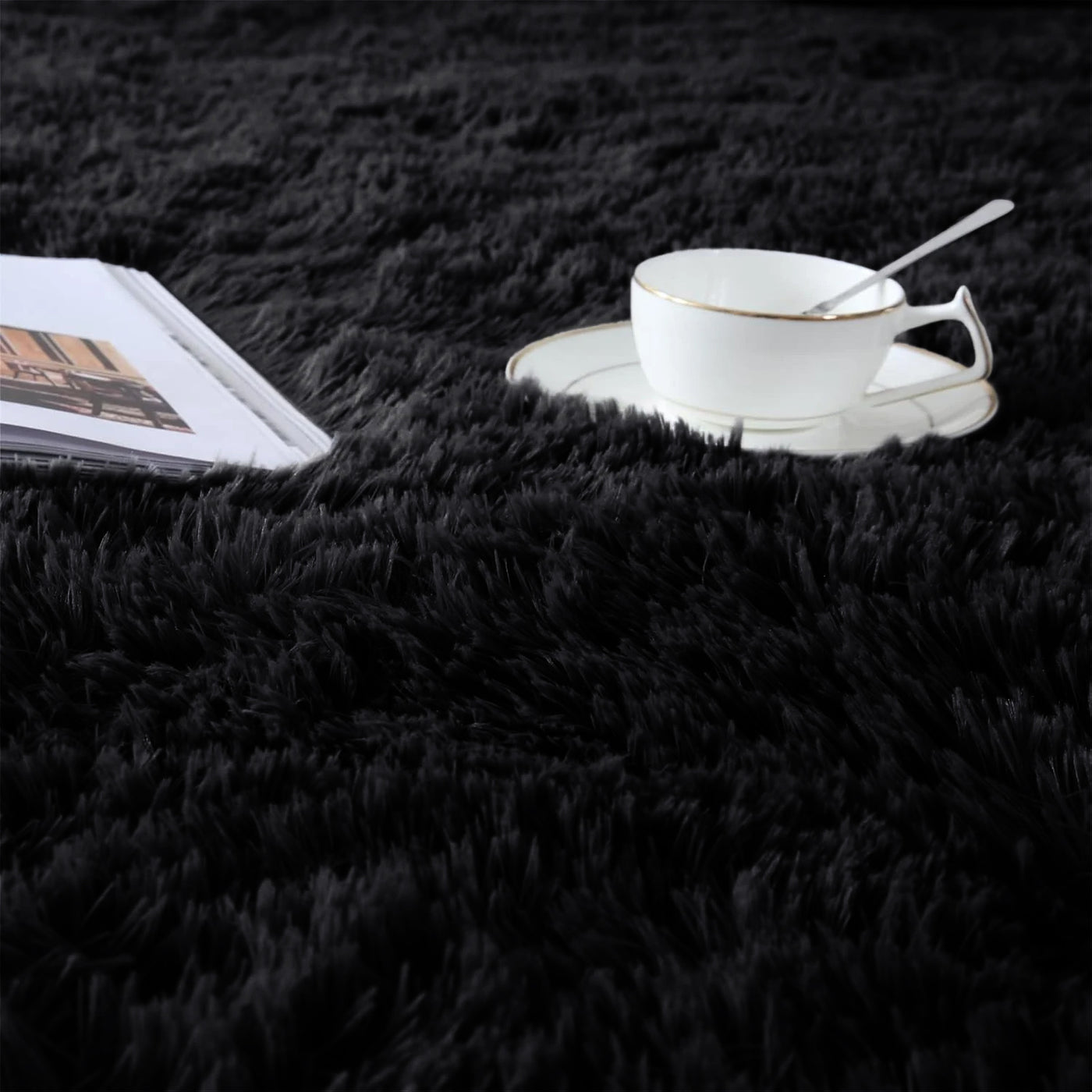 Black Shaggy Rug Faux Fur Anti Slip Soft Fluffy