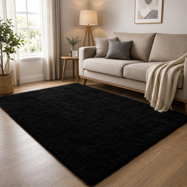 Black Shaggy Rug Faux Fur Soft & Fluffy