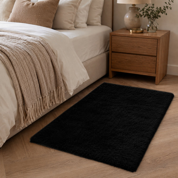 Black Shaggy Rug Faux Fur Soft & Fluffy