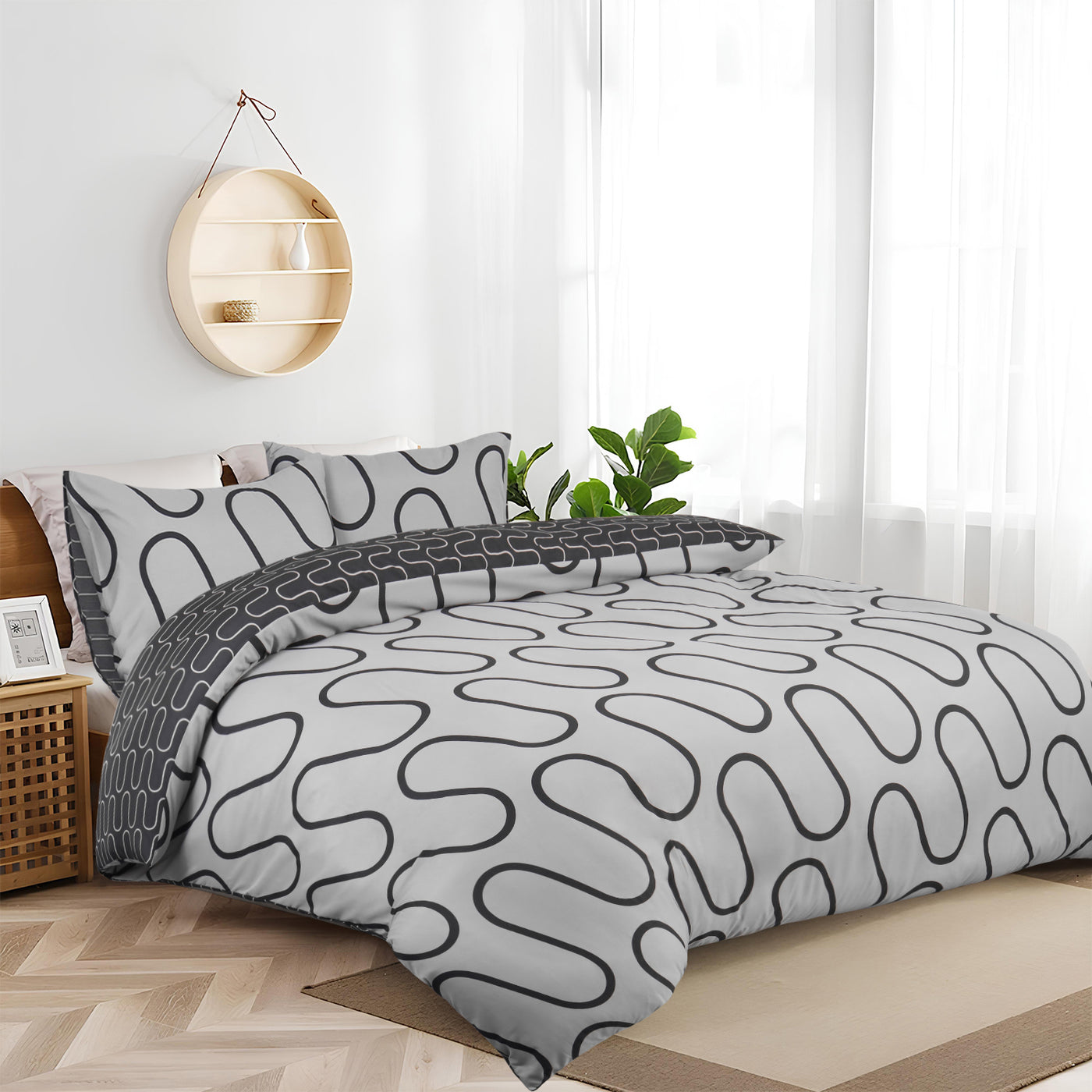 Waves Printed Duvet Cover Set Grey & Black
