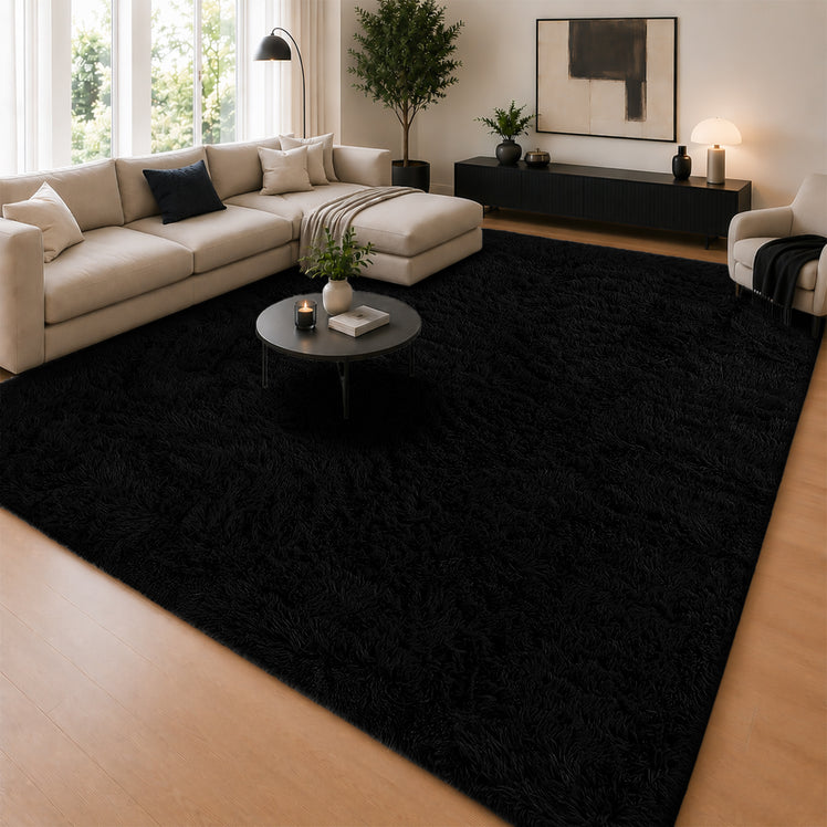 Black Shaggy Rug Faux Fur Soft & Fluffy
