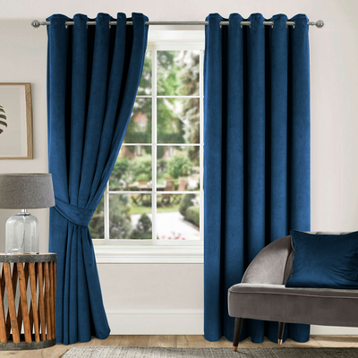 Plush Velvet Curtains Eyelet Ring Top Living Room Navy Blue