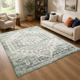 Traditional Sage Green Rug with Distressed Heriz Design