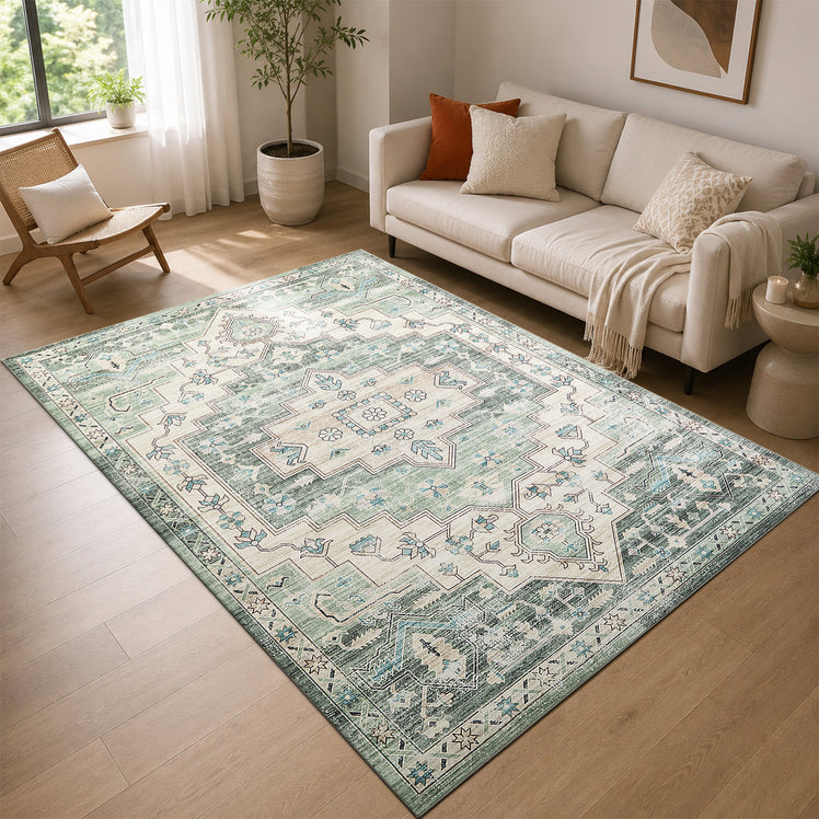 Traditional Sage Green Rug with Distressed Heriz Design