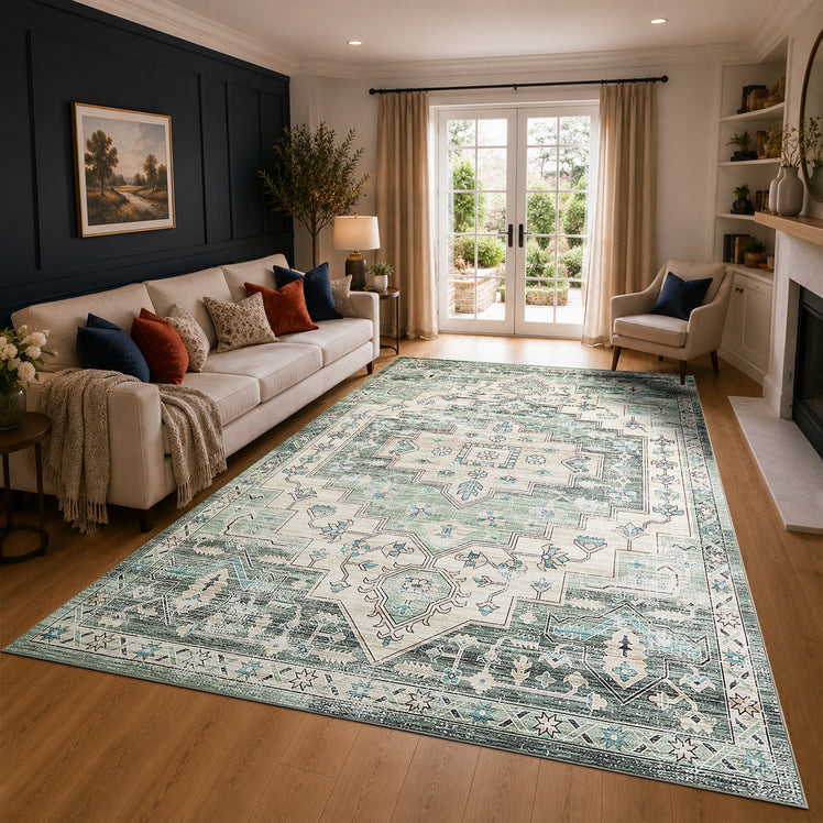 Traditional Sage Green Rug with Distressed Heriz Design