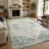 Traditional Sage Green Rug with Distressed Heriz Design
