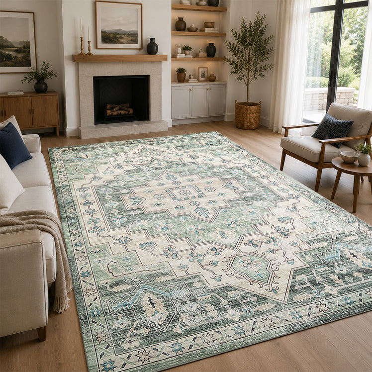 Traditional Sage Green Rug with Distressed Heriz Design