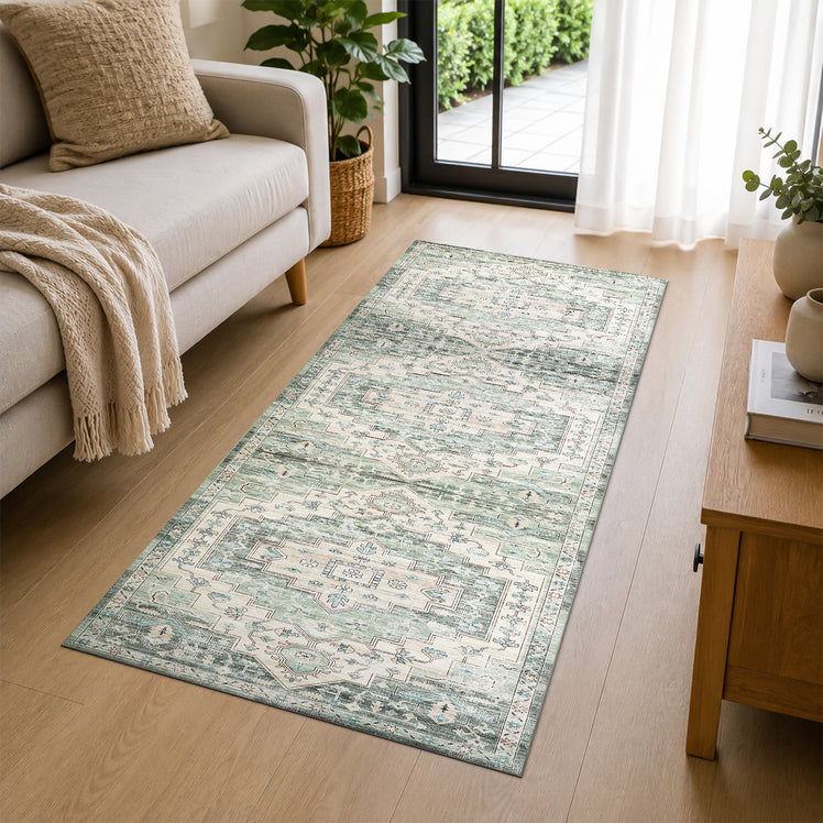 Traditional Sage Green Rug with Distressed Heriz Design