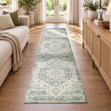 Traditional Sage Green Rug with Distressed Heriz Design