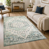 Traditional Sage Green Rug with Distressed Heriz Design