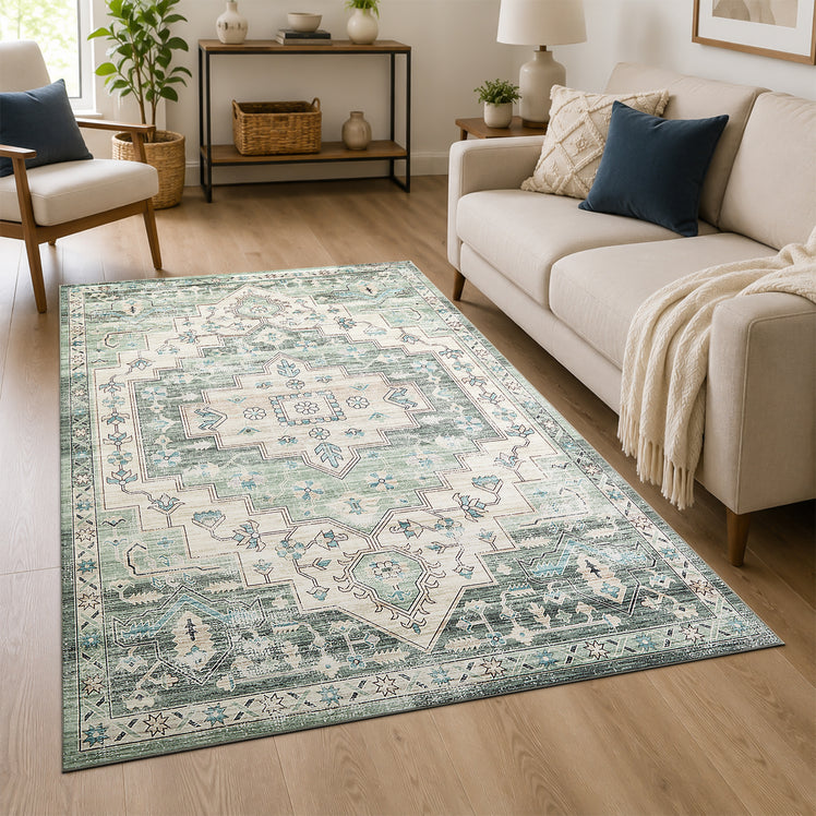 Traditional Sage Green Rug with Distressed Heriz Design