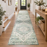 Traditional Sage Green Rug with Distressed Heriz Design