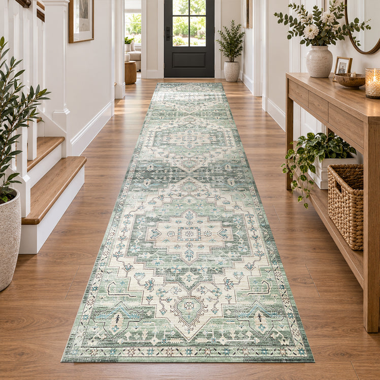 Traditional Sage Green Rug with Distressed Heriz Design
