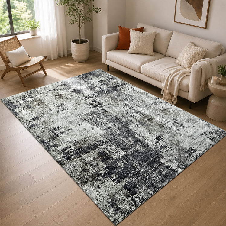 Modern Grey Abstract Rug with Distressed Concrete Look