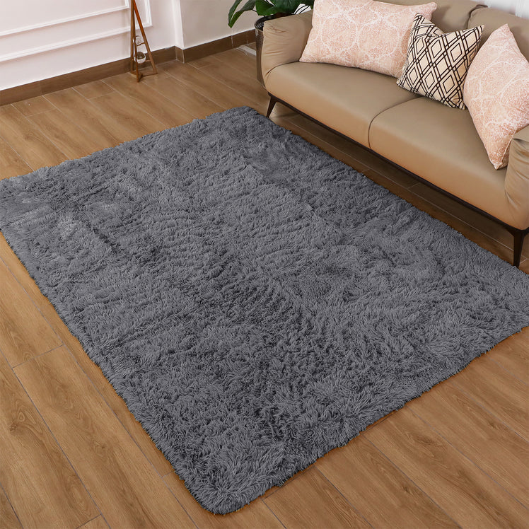 Large Grey Shaggy Rug Faux Fur Soft Fluffy