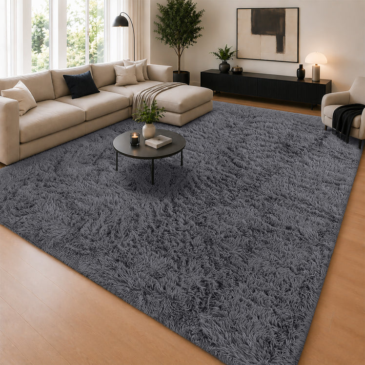 Large Grey Shaggy Rug Faux Fur Soft Fluffy