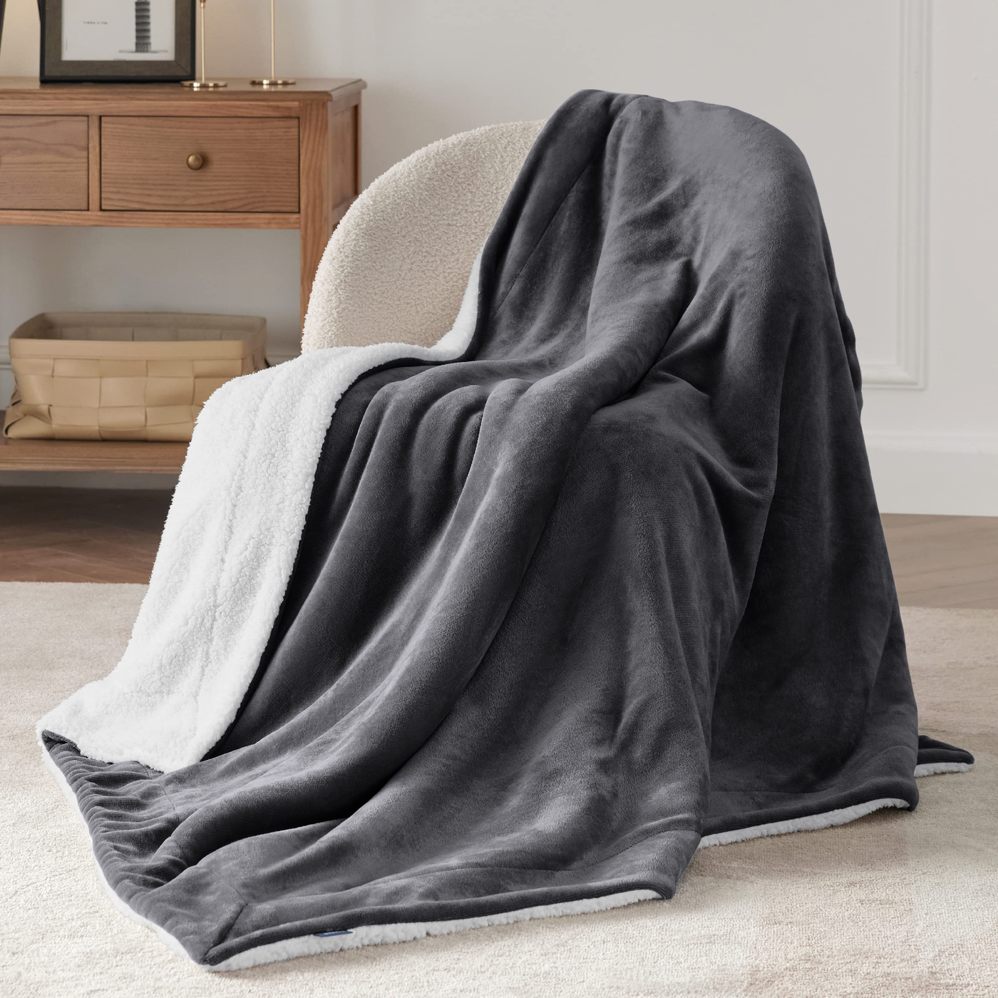Grey Sherpa Throw Blanket - Main Image