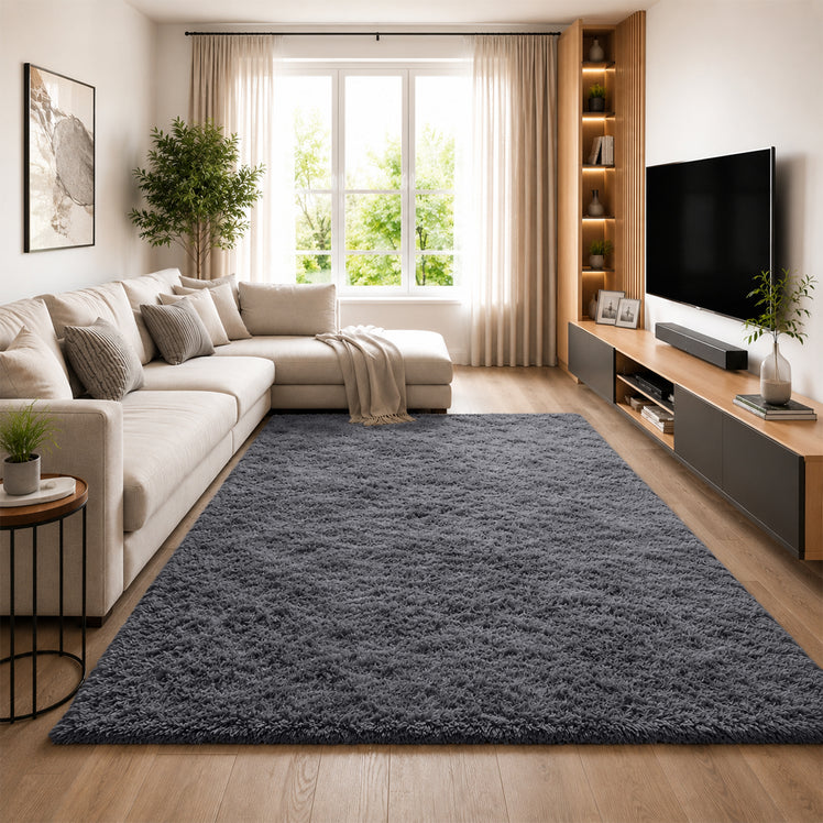 Large Grey Shaggy Rug Faux Fur Soft Fluffy