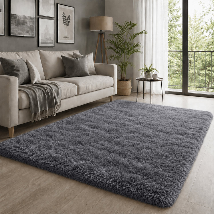Large Grey Shaggy Rug Faux Fur Soft Fluffy