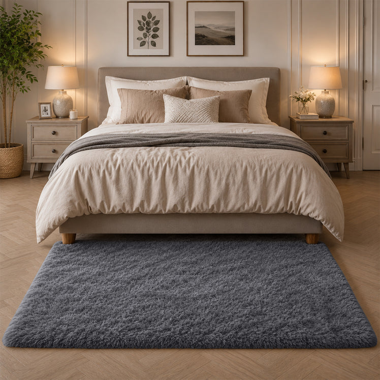 Large Grey Shaggy Rug Faux Fur Soft Fluffy