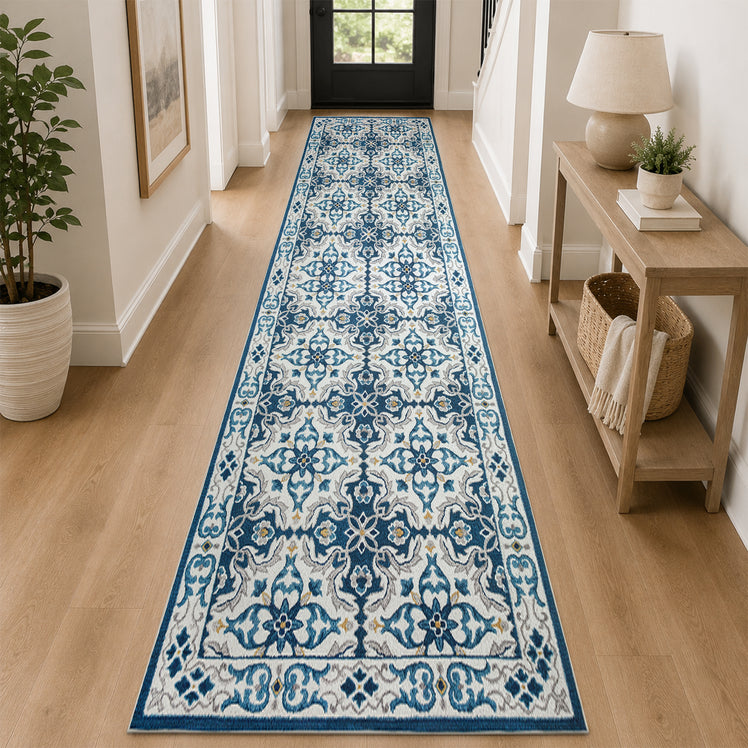 Traditional Floral Damask Pattern Area Rug Blue & Cream