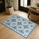 Traditional Floral Damask Pattern Area Rug Blue & Cream