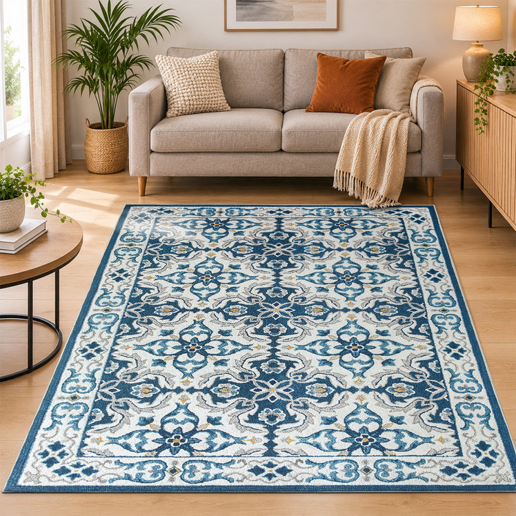 Traditional Floral Damask Pattern Area Rug Blue & Cream