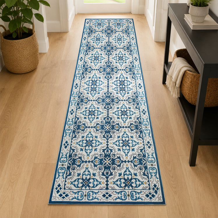 Traditional Floral Damask Pattern Area Rug Blue & Cream