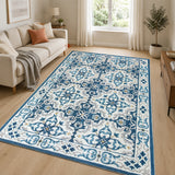 Traditional Floral Damask Pattern Area Rug Blue & Cream