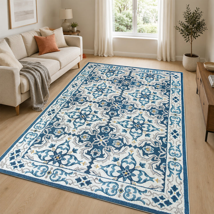 Traditional Floral Damask Pattern Area Rug Blue & Cream