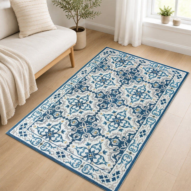 Traditional Floral Damask Pattern Area Rug Blue & Cream