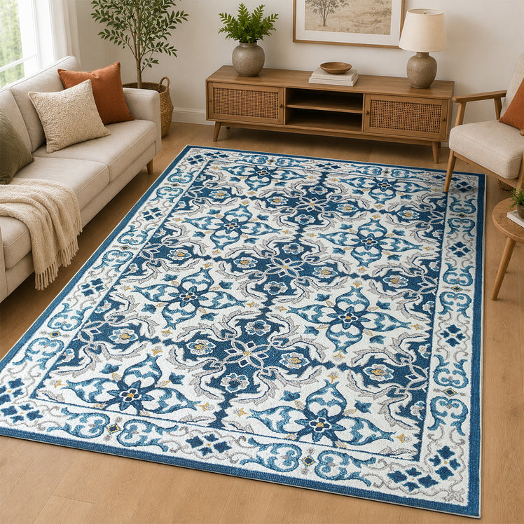 Traditional Floral Damask Pattern Area Rug Blue & Cream