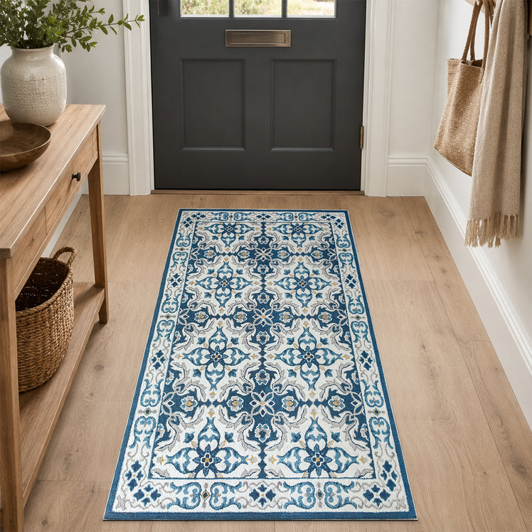 Traditional Floral Damask Pattern Area Rug Blue & Cream